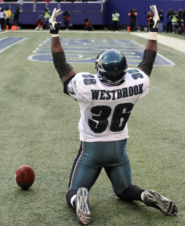 Philadelphia Eagles Brian Westbrook jumps over the pile and into the  endzone for a 1 yard touchdown late in the 2nd quarter at Giants Stadium in  East Rutherford, New Jersey on December 17, 2006. The New York Giants host  the Philadelphia Eagles in