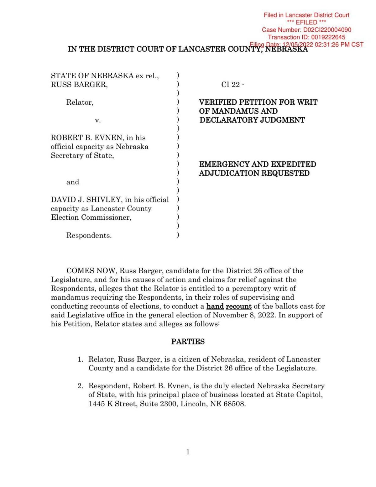 Read Russ Barger's lawsuit against Secretary of State Bob Evnen