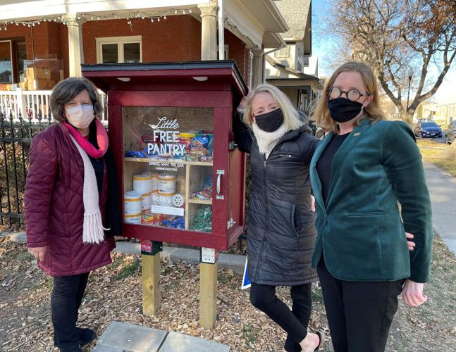 DeEtta Vrana, Heather Loughman, Lisa Janssen at the Little Free Pantry