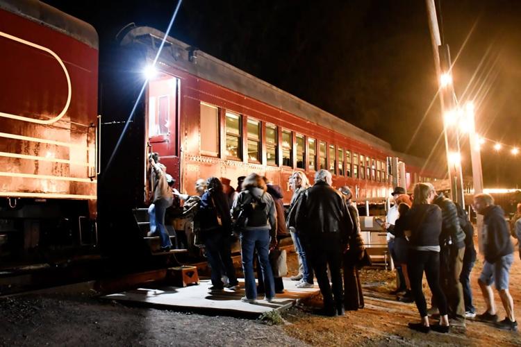 Passengers board the Skunk Train on an excursion from Willits to a forest clearing called Crowley.