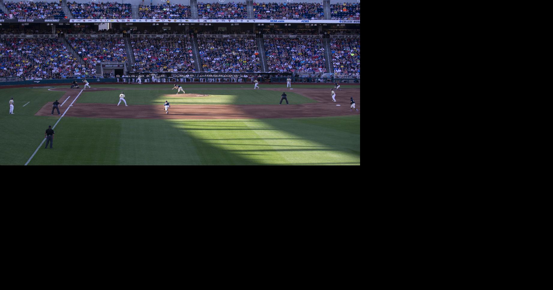 College World Series: LSU player on umpire cam gets hit by pitch