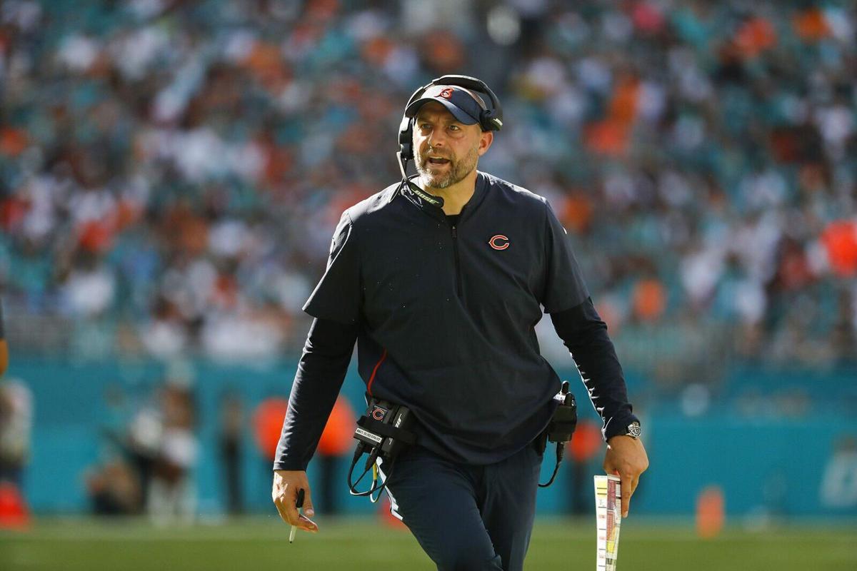 Chicago Bears coach Matt Nagy yells at an official in the fourth quarter against the Dolphins at Hard Rock Stadium in Miami Gardens, Fla., on Sunday, Oct. 14, 2018.