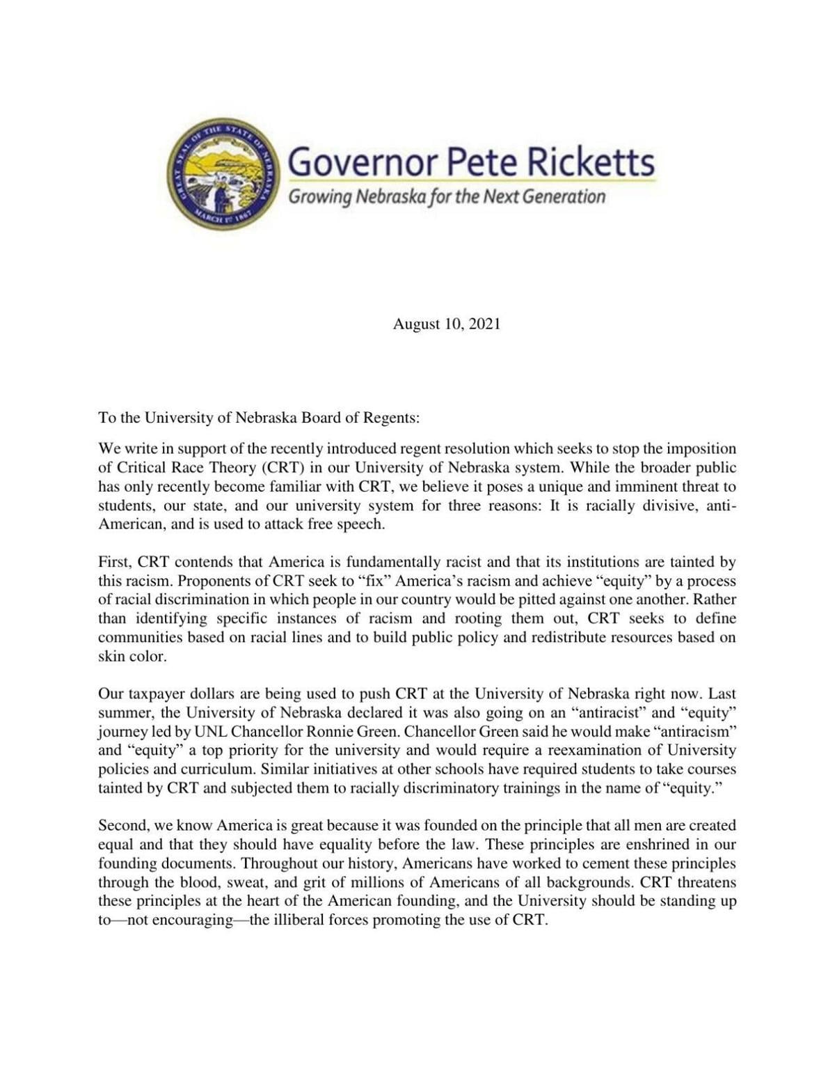 Ricketts letter to NU Board of Regents