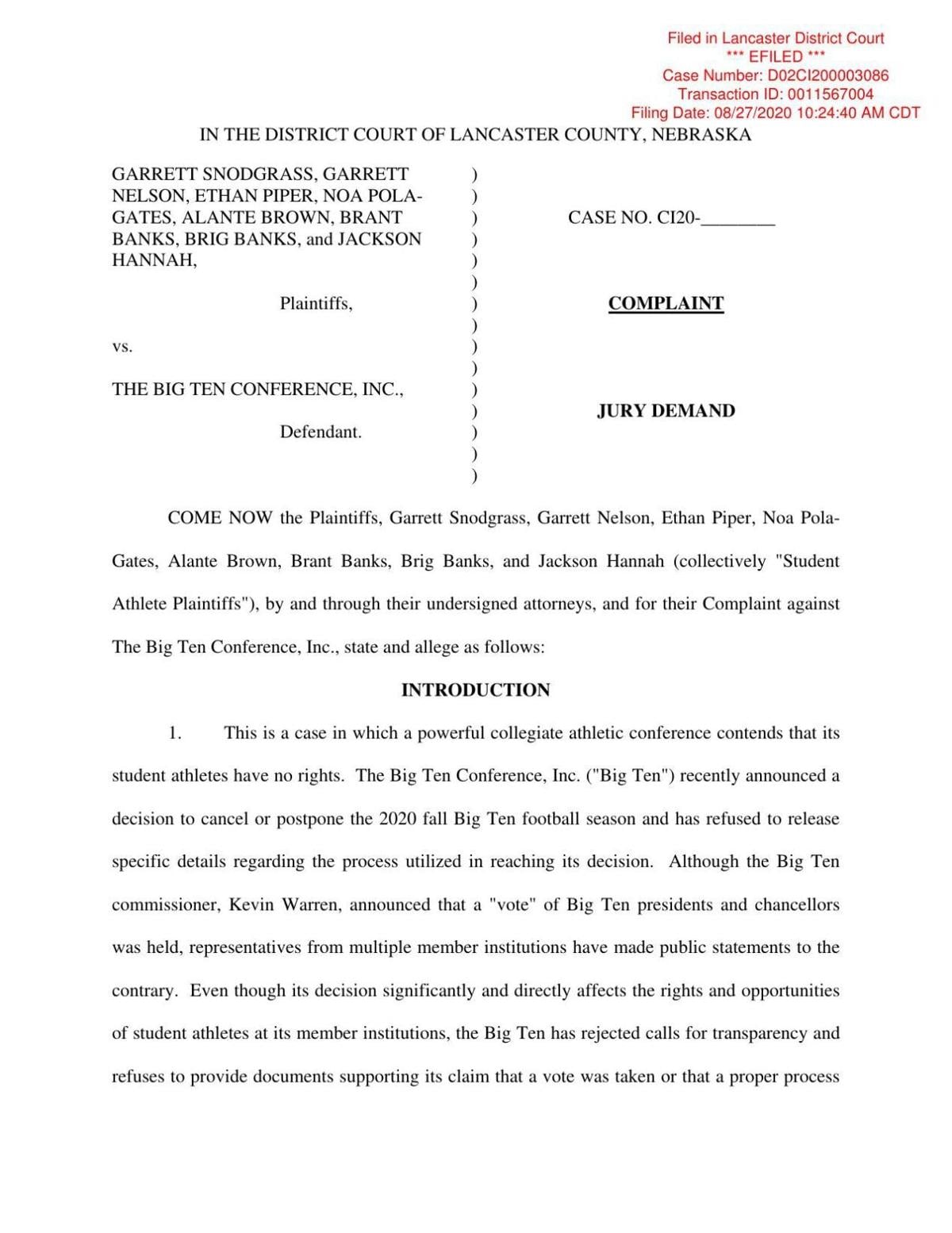 Nebraska football lawsuit 8.27.20