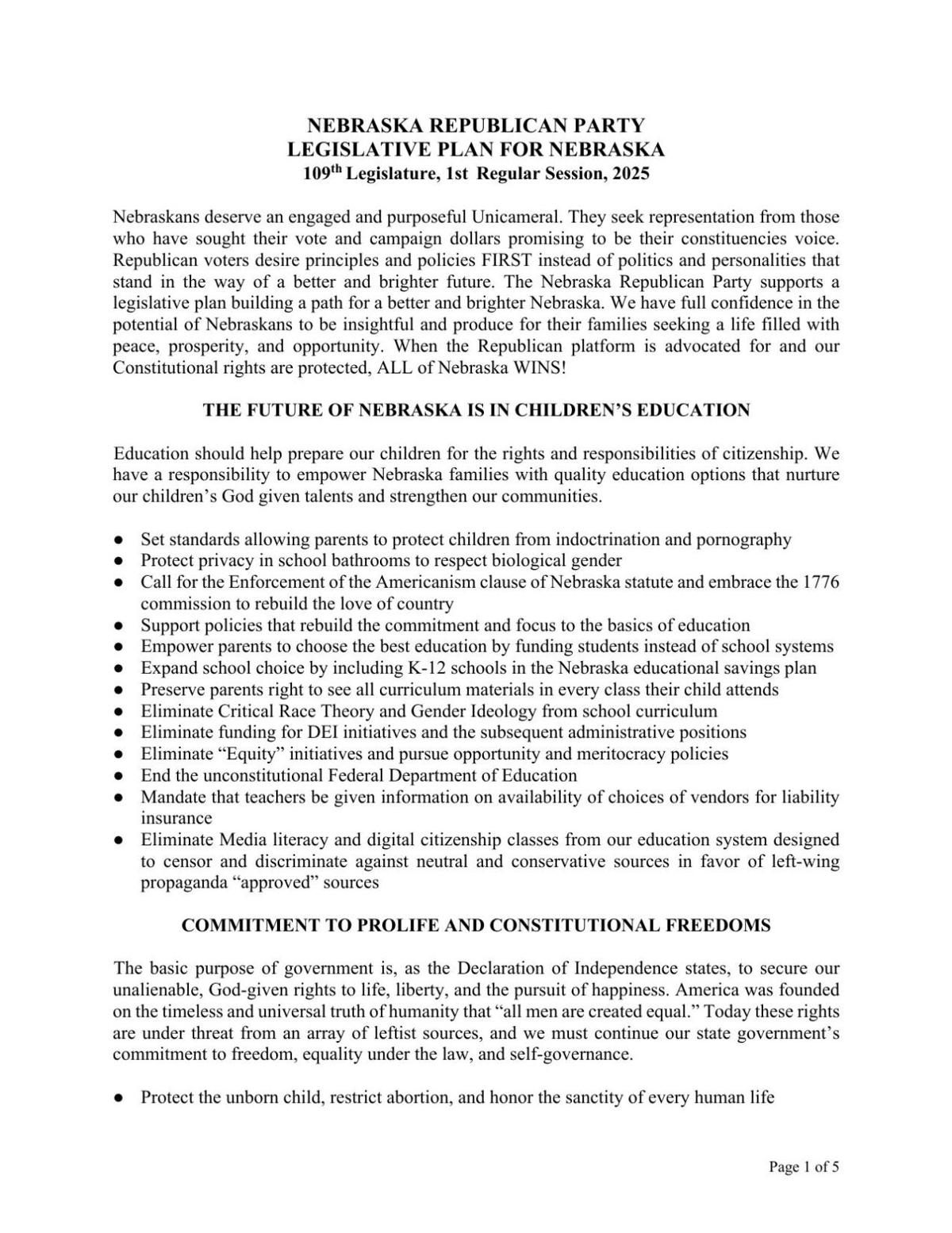 Nebraska GOP 2025 legislative plan