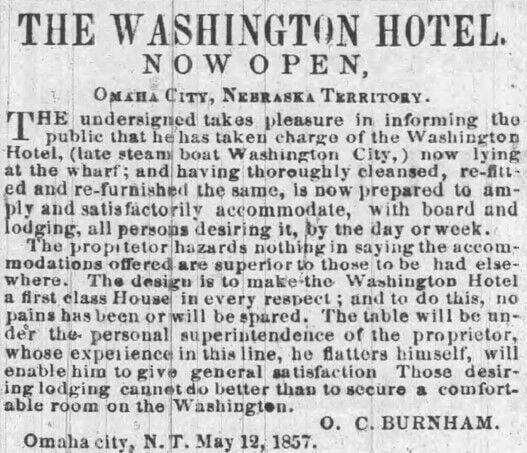 In 1857 Omaha s bachelors stayed in steamboat hotel