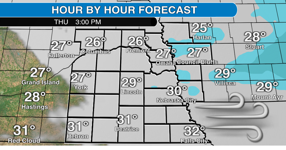 Isolated snow showers and very windy in southeast Nebraska Thursday