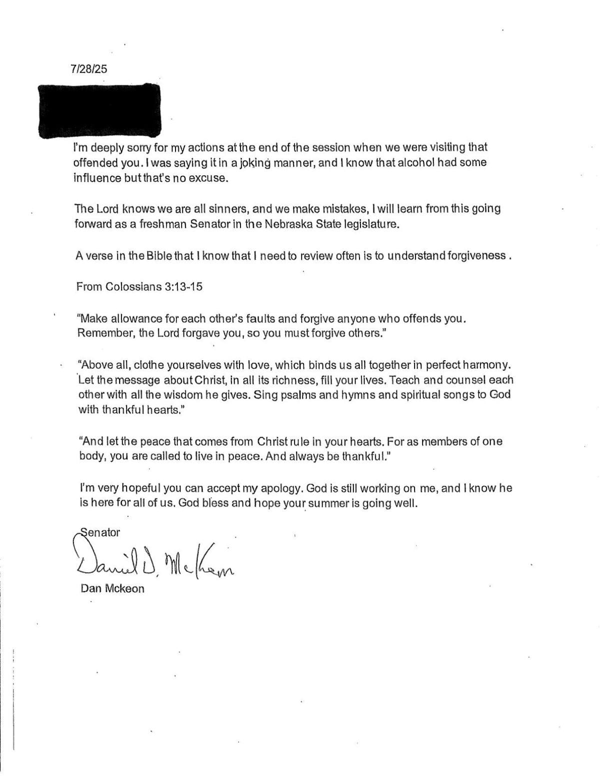 Sen. Dan McKeon's apology letter