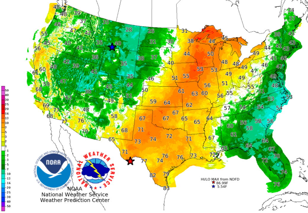 Wednesday's high temperatures and departure from normal