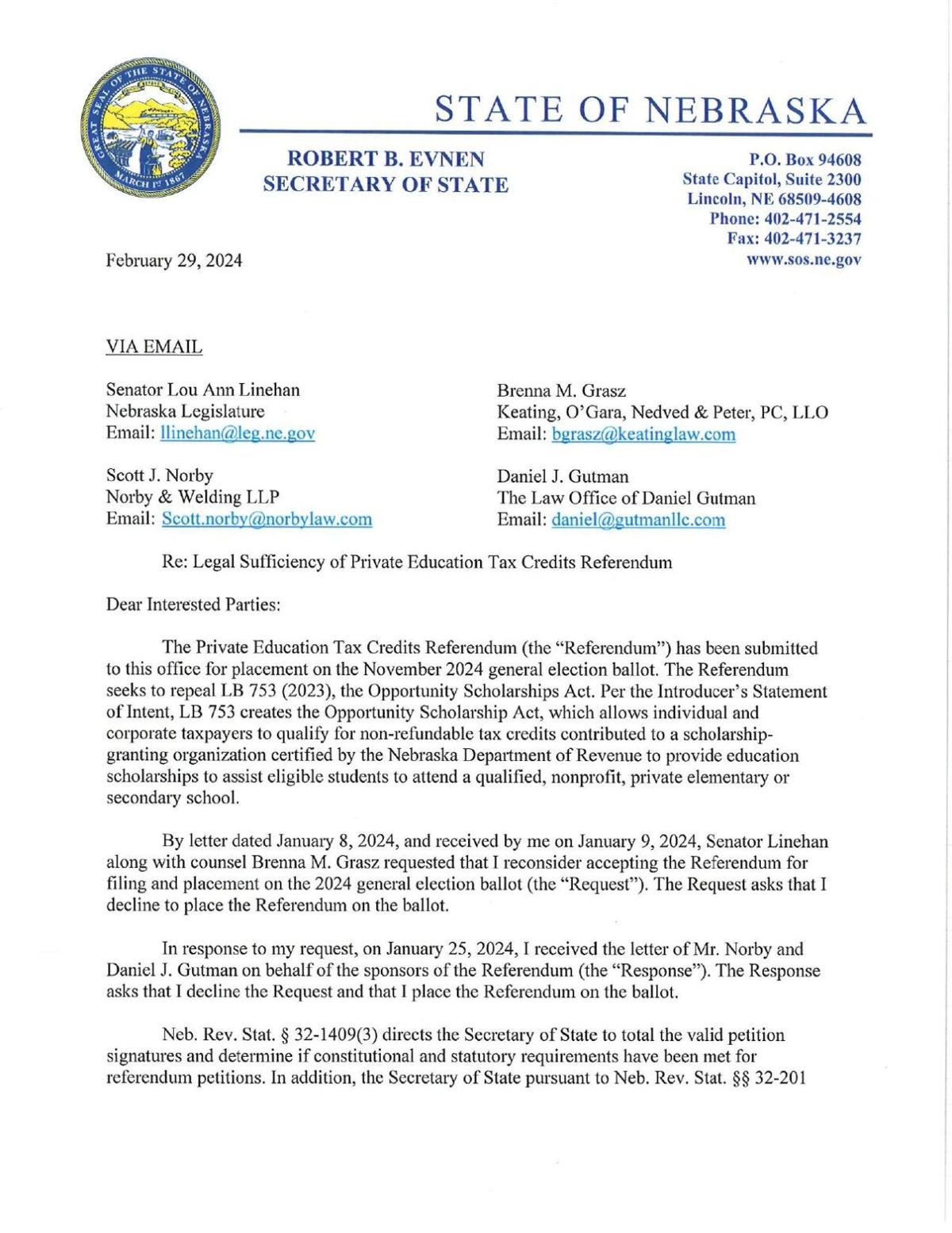 Letter from Evnen to Linehan