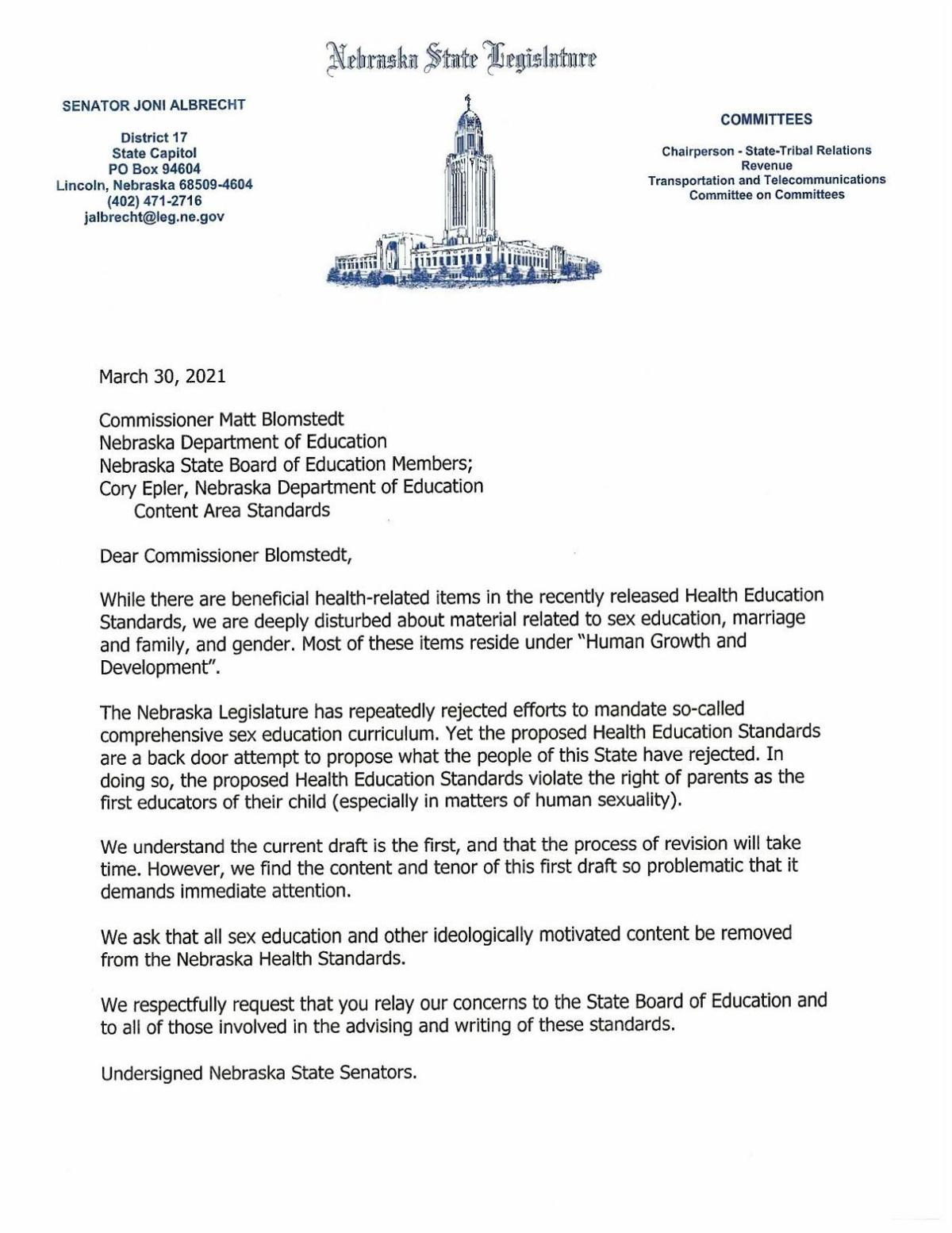 Senator letter to Education Commissioner on Health Standards