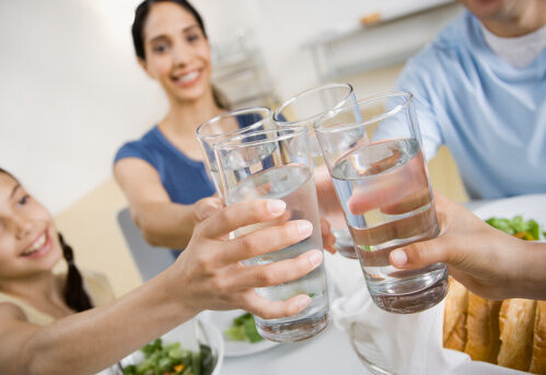 Family toasting with water