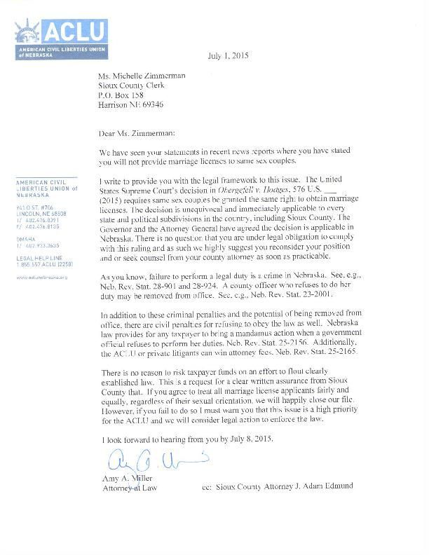 ACLU of Nebraska letter to Sioux County clerk