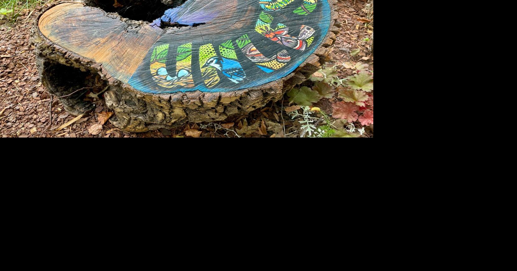 Painted tree stumps intended to spark community conversation