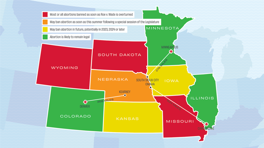 Abortion access map, Flatwater Free Press