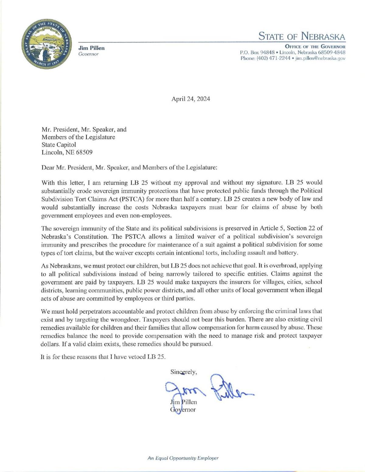 Sen Letters Bill to hold public schools liable for sex abuse vetoed