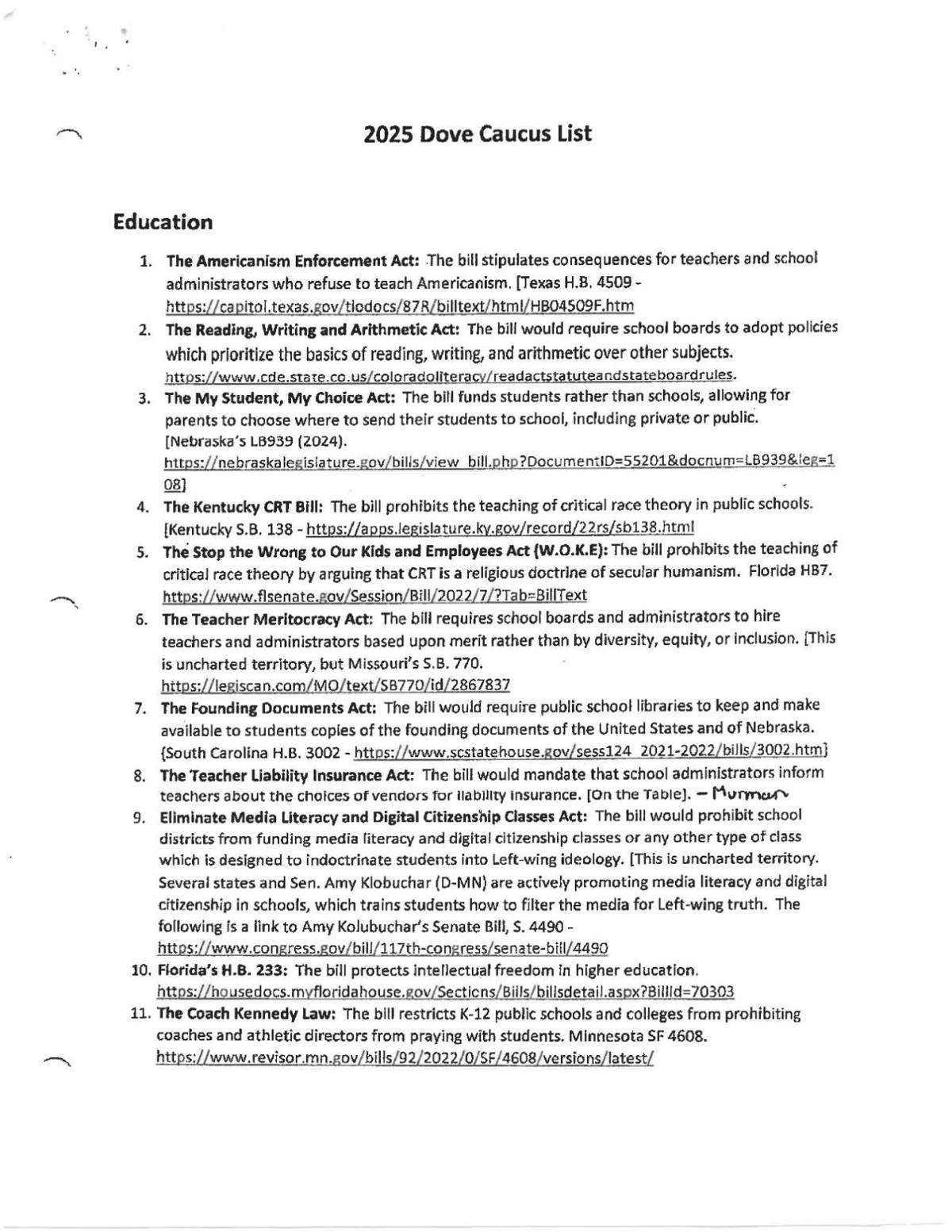 Dove Caucus List