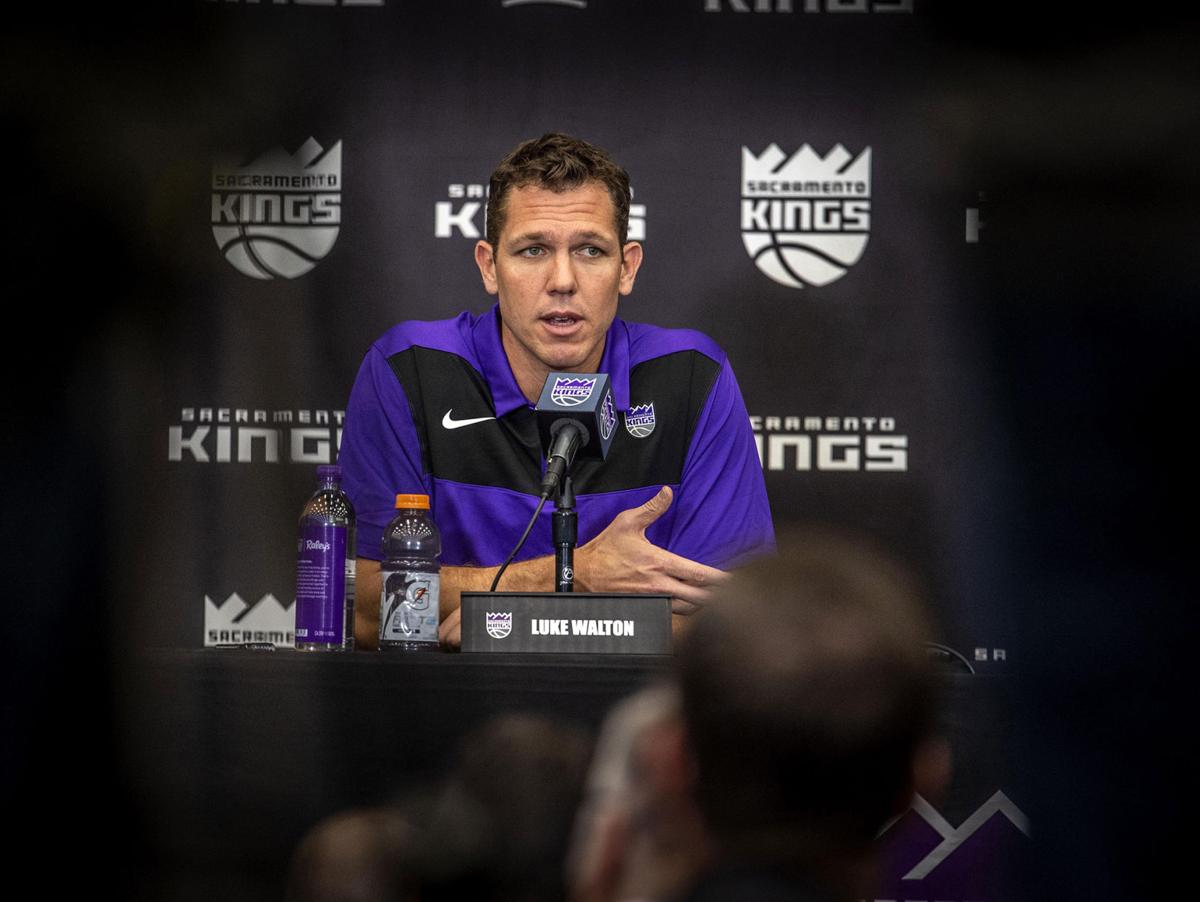 Luke Walton is introduced as the Sacramento Kings head coach on April 15, 2019, at the team practice facility inside the Golden 1 Center in Sacramento, Calif.