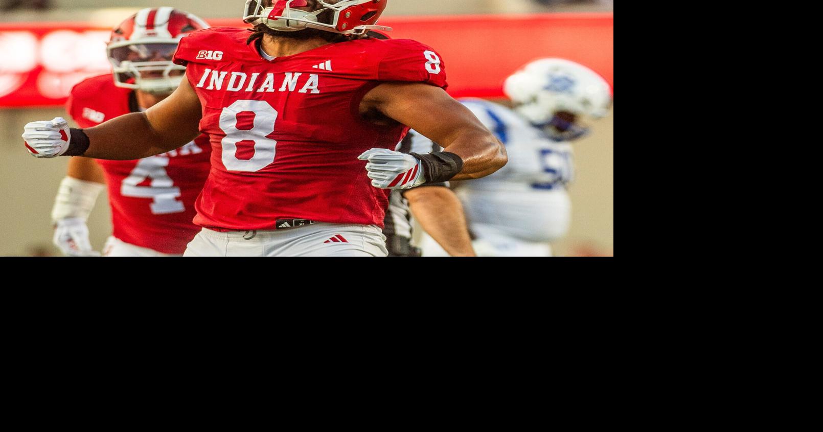 Indiana's Stephen Daley (8) celebrates during the Indiana versus Indiana State football game at Memorial Stadium on Friday, Sept. 12, 2025.