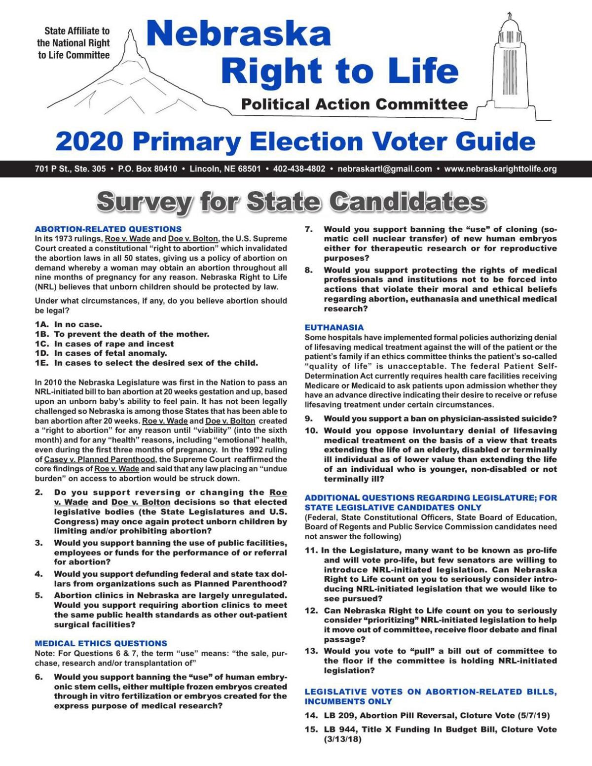 Nebraska Right to Life 2020 Primary Election Voter Guide