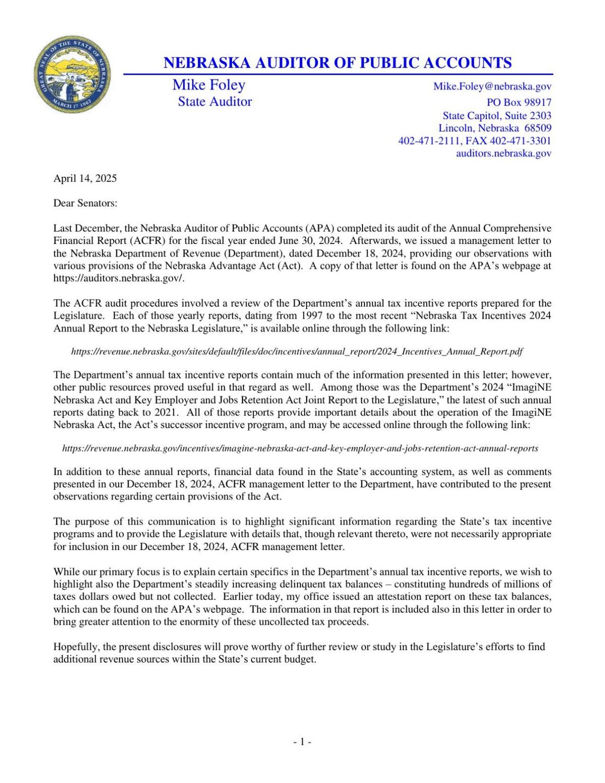 April 14, 2025 Tax Incentives Letter to Senators