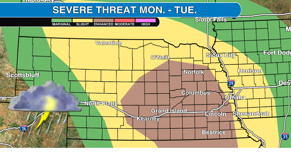 Severe storms expected in Nebraska and western Iowa Monday evening through Tuesday morning