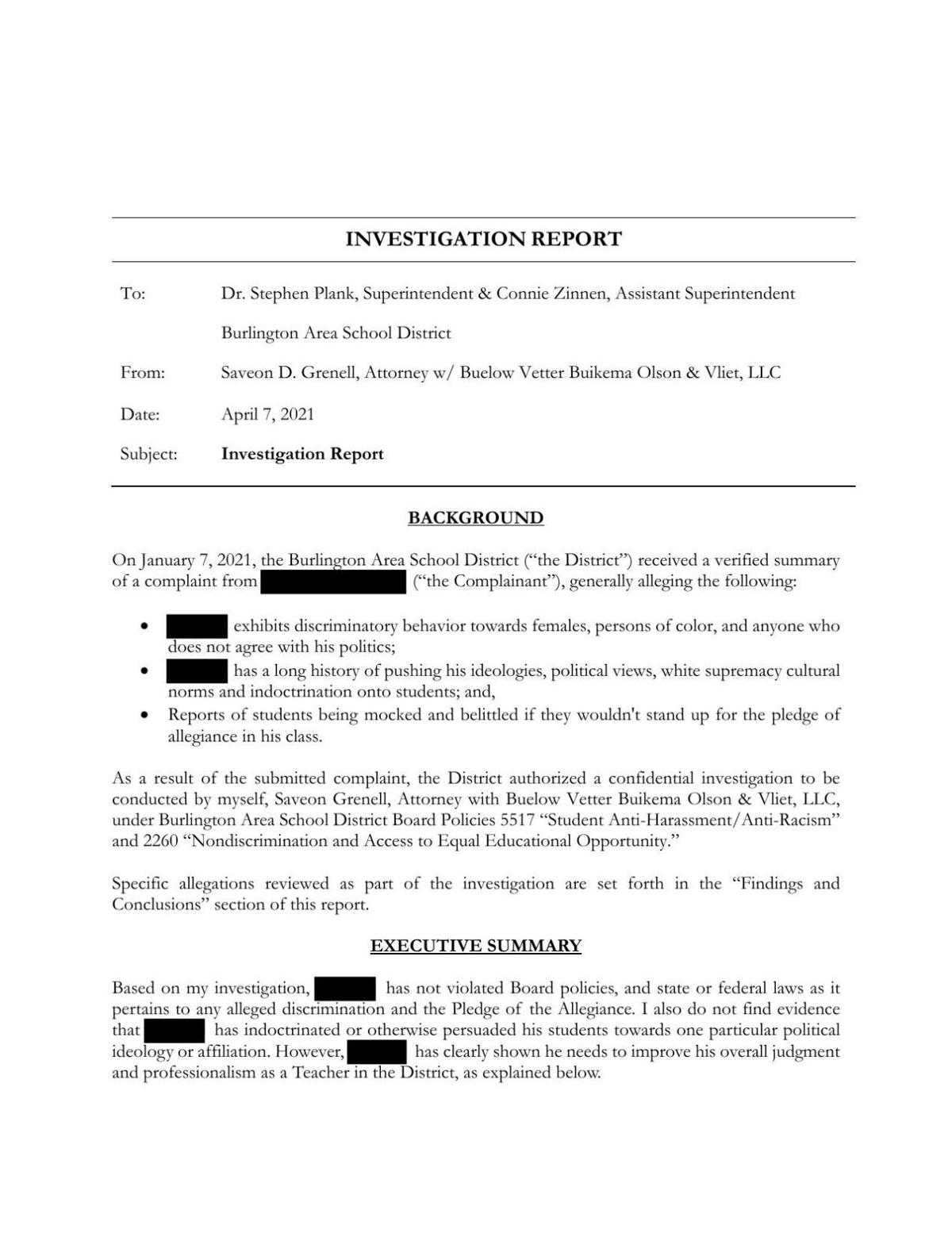 Investigator Burlington teacher showed insensitivity but committed no