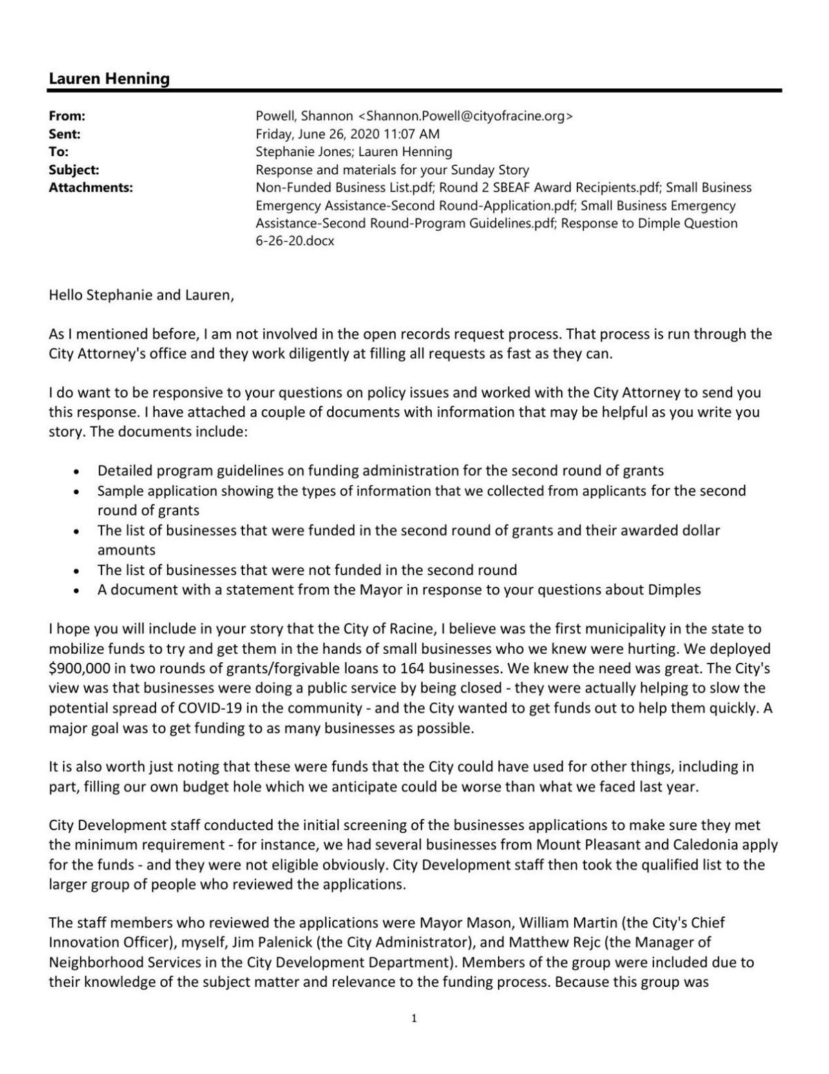 June 26 City Of Racine Email To Jt Journaltimes Com