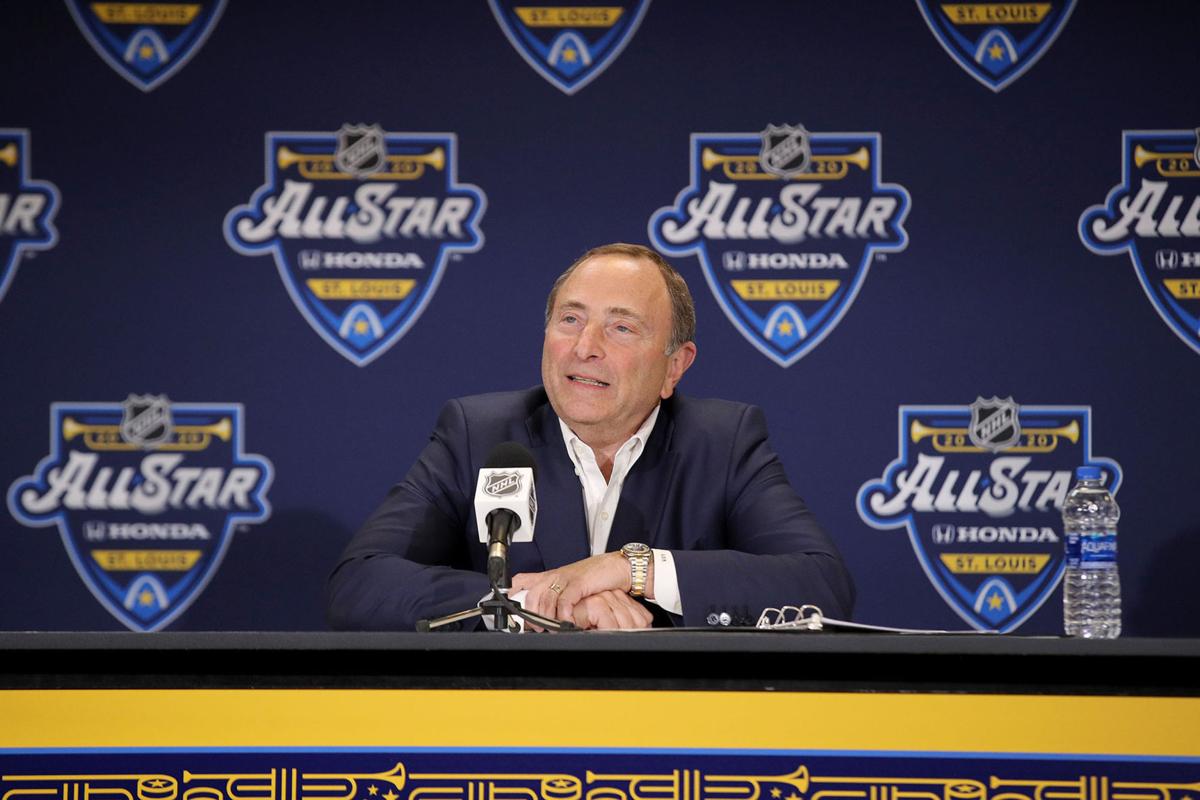 NHL Commissioner Gary Bettman speaks to the media prior to the All-Star Skills Competition at Enterprise Center in St Louis on Jan. 24, 2020. Bettman said the league is considering several places as sites to finish the season.
