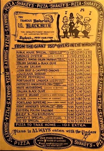 Shakey's Pizza Menu - 1960s