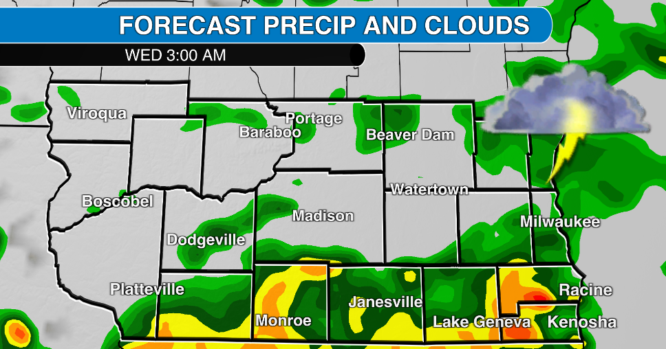 Rain for southern Wisconsin Tuesday night and Wednesday; small chance of severe storms