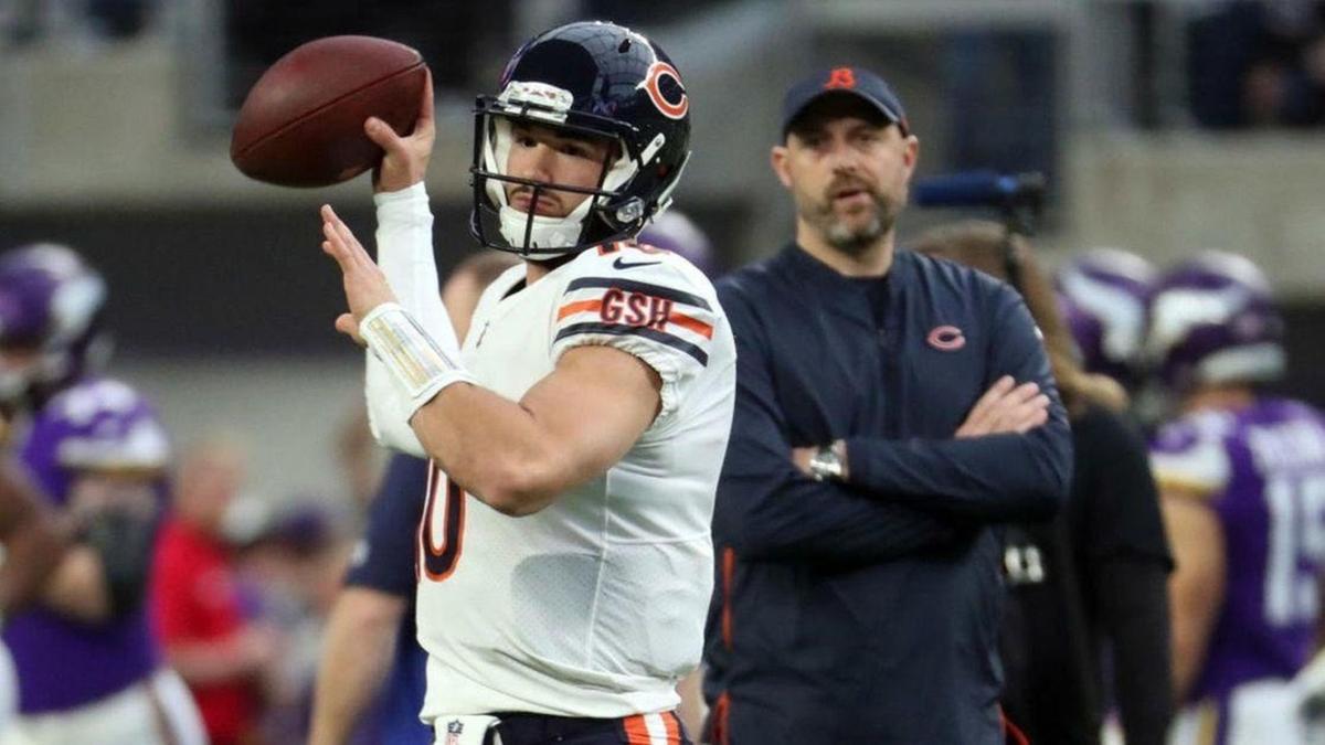 Chicago Bears coach Matt Nagy, right, watches quarterback Mitch Trubisky warm up before a game against the the Minnesota Vikings on Dec. 30, 2018, at U.S. Bank Stadium in Minneapolis.
