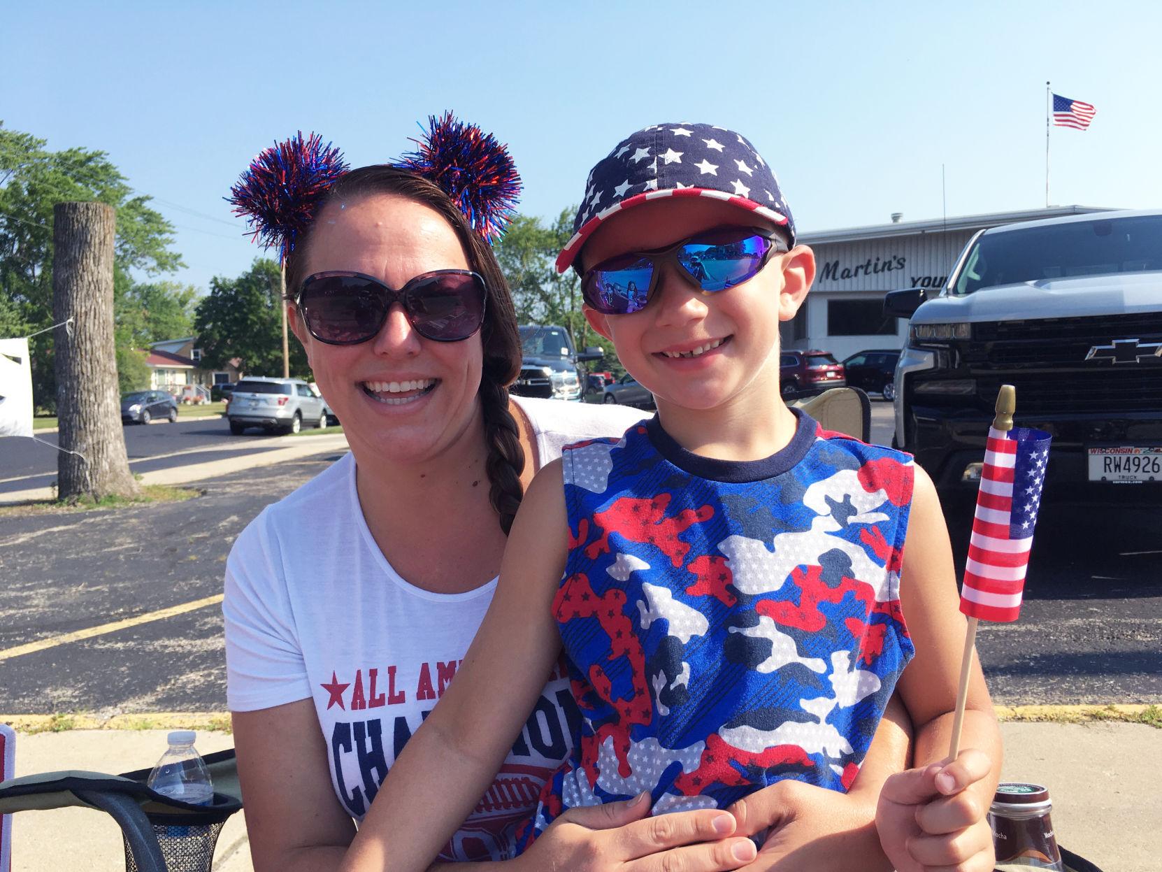 Mother and son on Fourth of July parade route in Union Grove