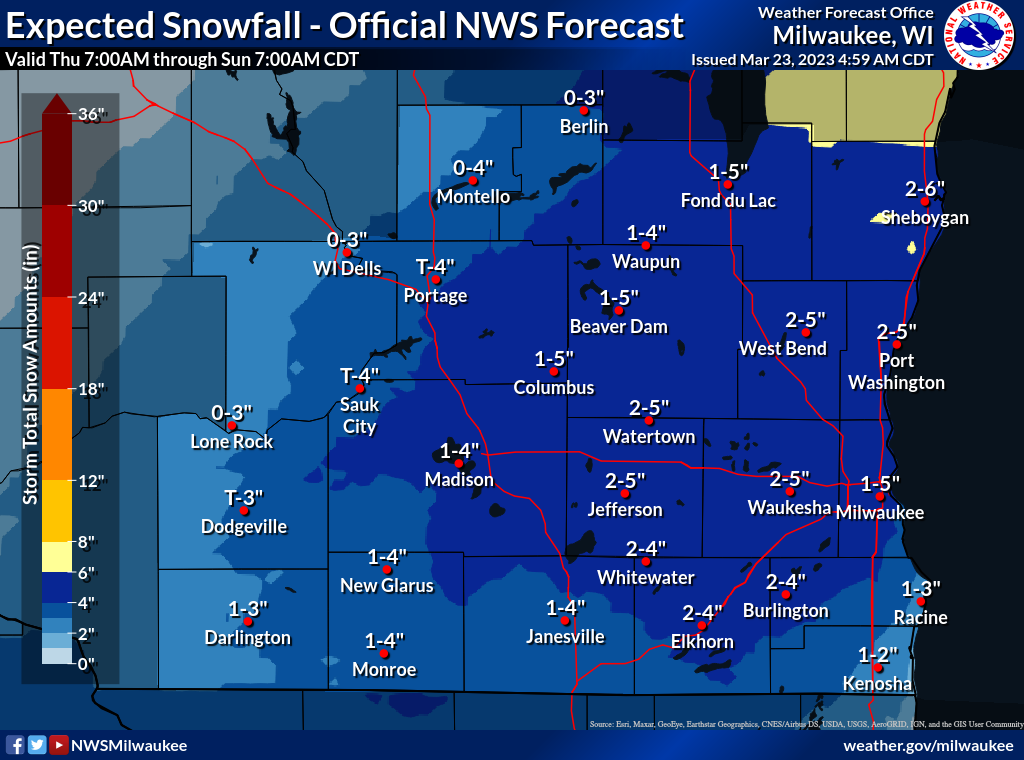Southern Wisconsin expected snow totals through Sunday, NWS photo