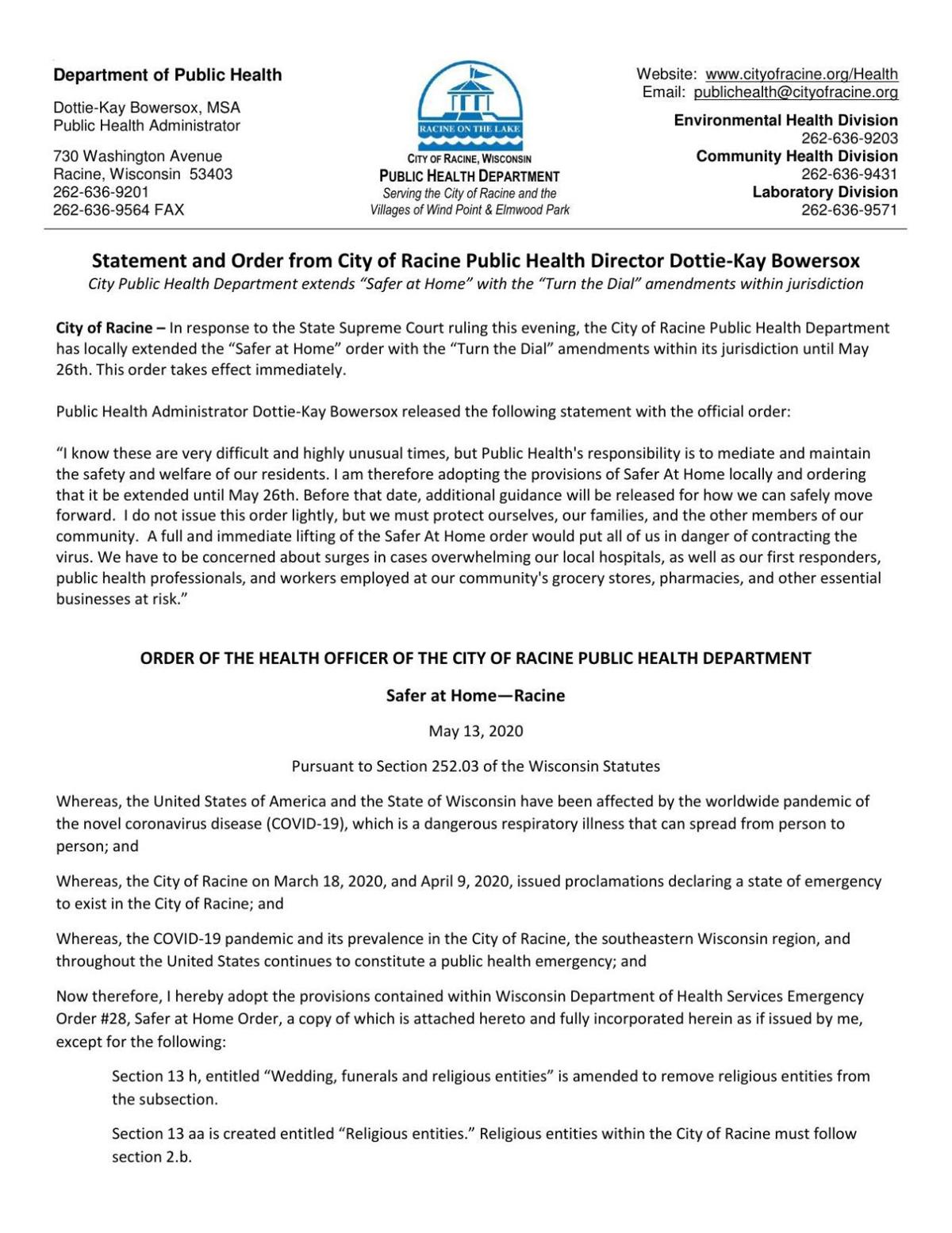 City Of Racine Extends Safer At Home Restrictions Through May 26 Local News Journaltimes Com