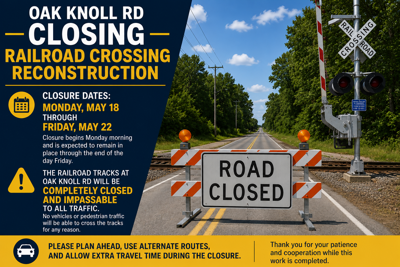 🚧 Road Closure Notice – Oak Knoll Rd Railroad Crossing Reconstruction 🚧