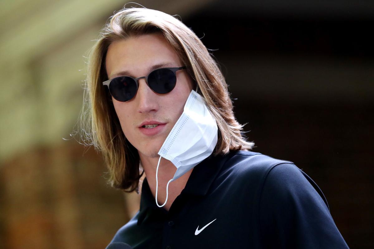 Clemson quarterback Trevor Lawrence addresses the media before the "March for Change" protest at Bowman Field on June 13, 2020 in Clemson, South Carolina.