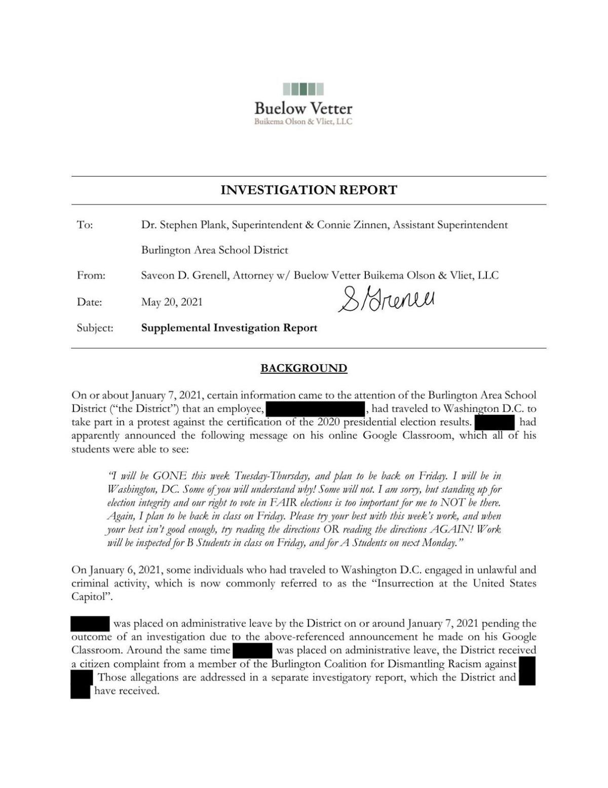 Investigator Burlington teacher showed insensitivity but committed no