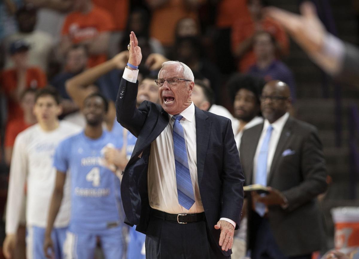 North Carolina coach Roy Williams directs his players during the first half against Clemson on Saturday, March 2, 2019, at Littlejohn Coliseum in Clemson, S.C.