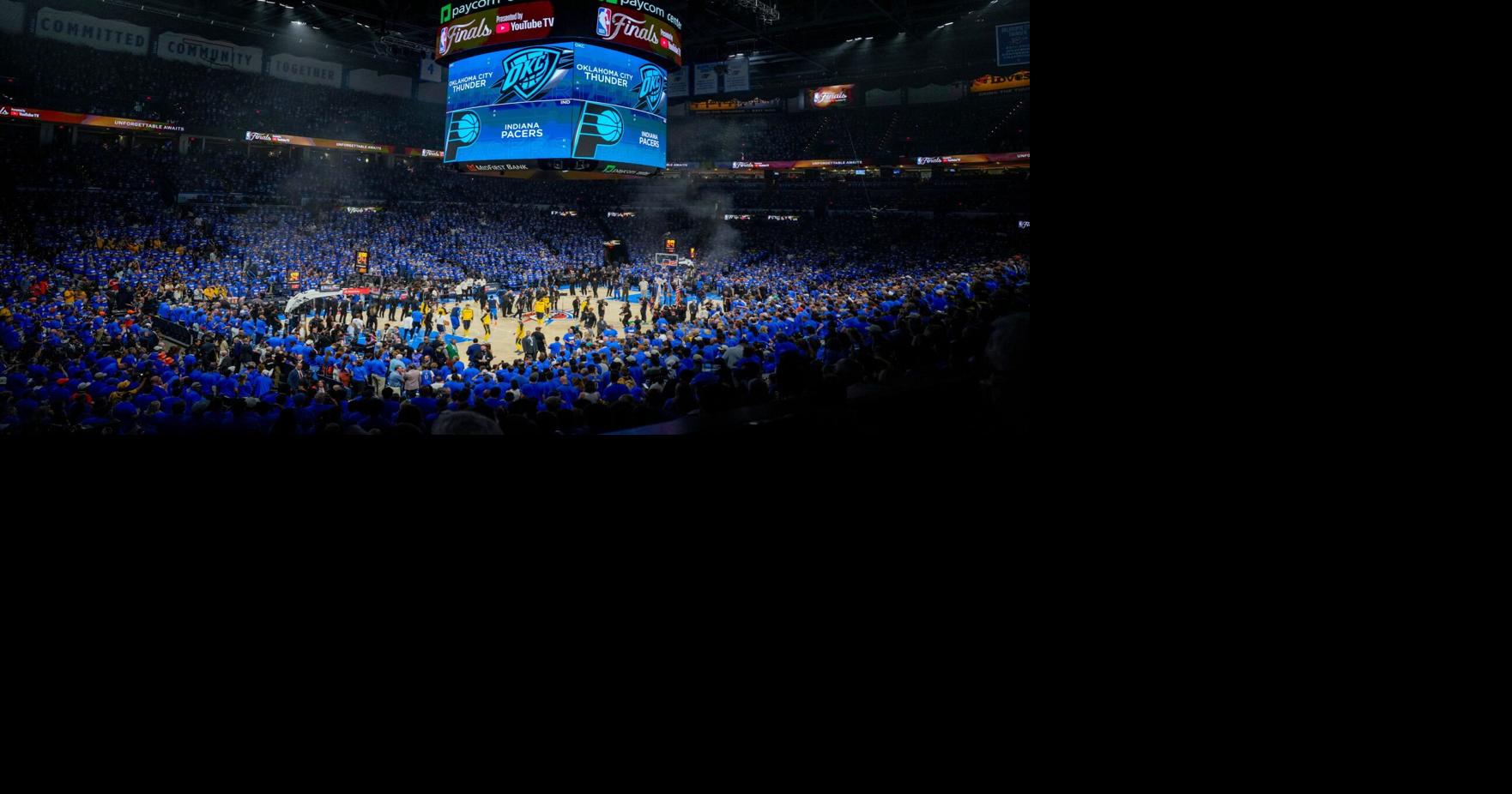 Players warm up before Game 2 of the NBA Finals between the Oklahoma City Thunder and the Indiana Pacers at Paycom Center in Oklahoma City, Sunday, June 8, 2025. Oklahoma City won 123-107.