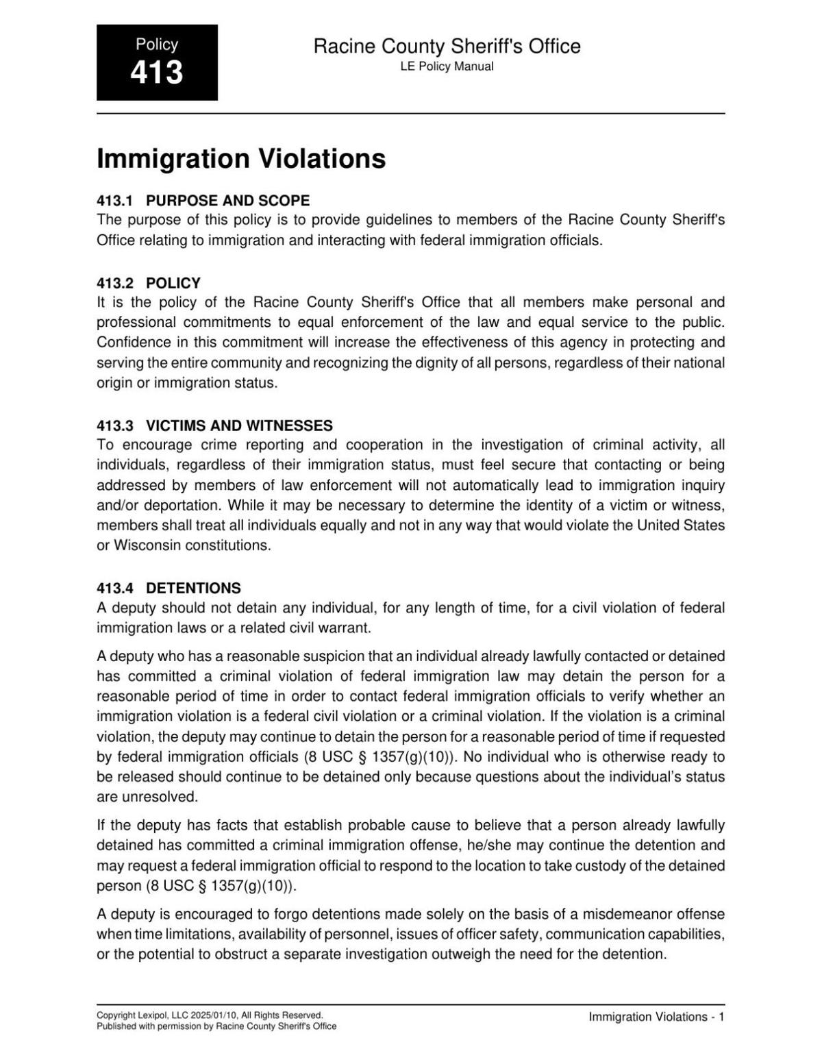 Racine County Sheriff's Office immigration enforcement policy