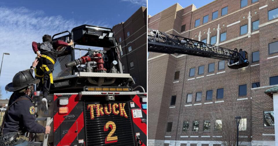 Kansas boy lifted by fire truck to see injured firefighter father through hospital window