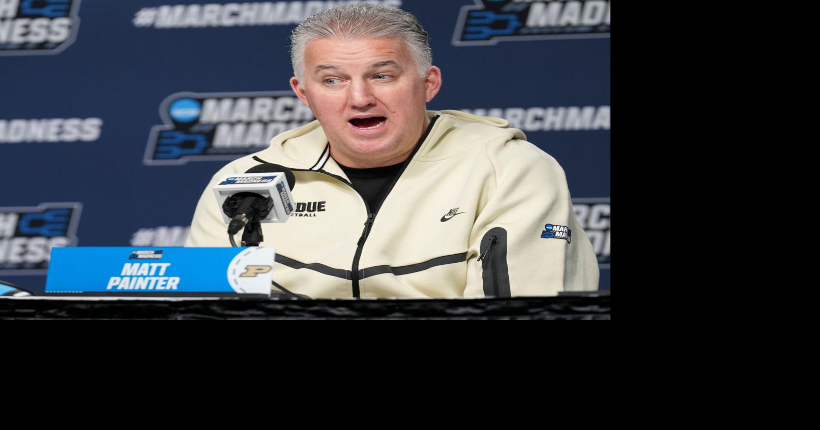 Purdue Boilermakers head coach Matt Painter talks to media members the day before a NCAA Tournament second round game against the Miami Hurricanes on Saturday, March 21, 2026, at Enterprise Center in St. Louis.