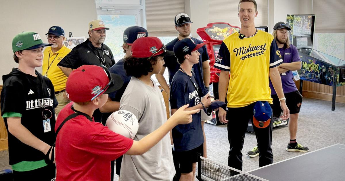Milwaukee Brewers pitcher Jacob Misiorowski talks with young fans Aug. 23 at the Little League World Series Complex.