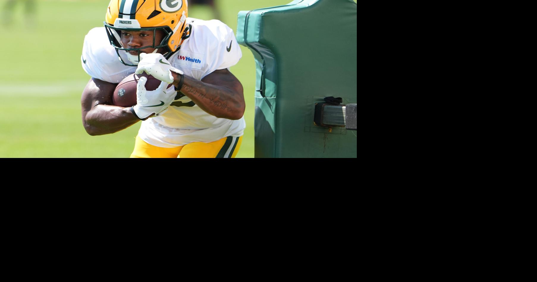 Green Bay Packers running back Josh Jacobs (8) participates in a drill during the fifth day of training camp on Aug. 3, 2026, at Ray Nitschke Field in Ashwaubenon, Wis.