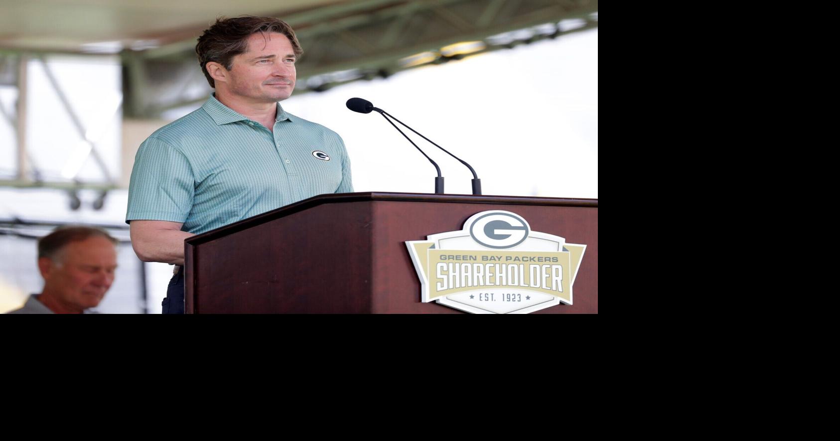 Green Bay Packers president and CEO Ed Policy speaks during the team's shareholders meeting on July 27 at Lambeau Field.