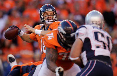 The New England Patriots line up against the Denver Broncos during an NFL  football game between the Denver Broncos and the New England Patriots in  Denver, Sunday, Dec. 18, 2011. (AP Photo/Jack