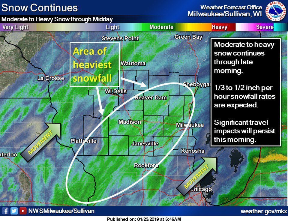 National Weather Service snow radar image, 1-22-19