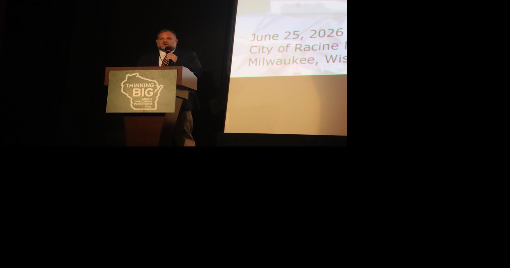 Racine Mayor Cory Mason speaks at Wisconsin passenger rail conference