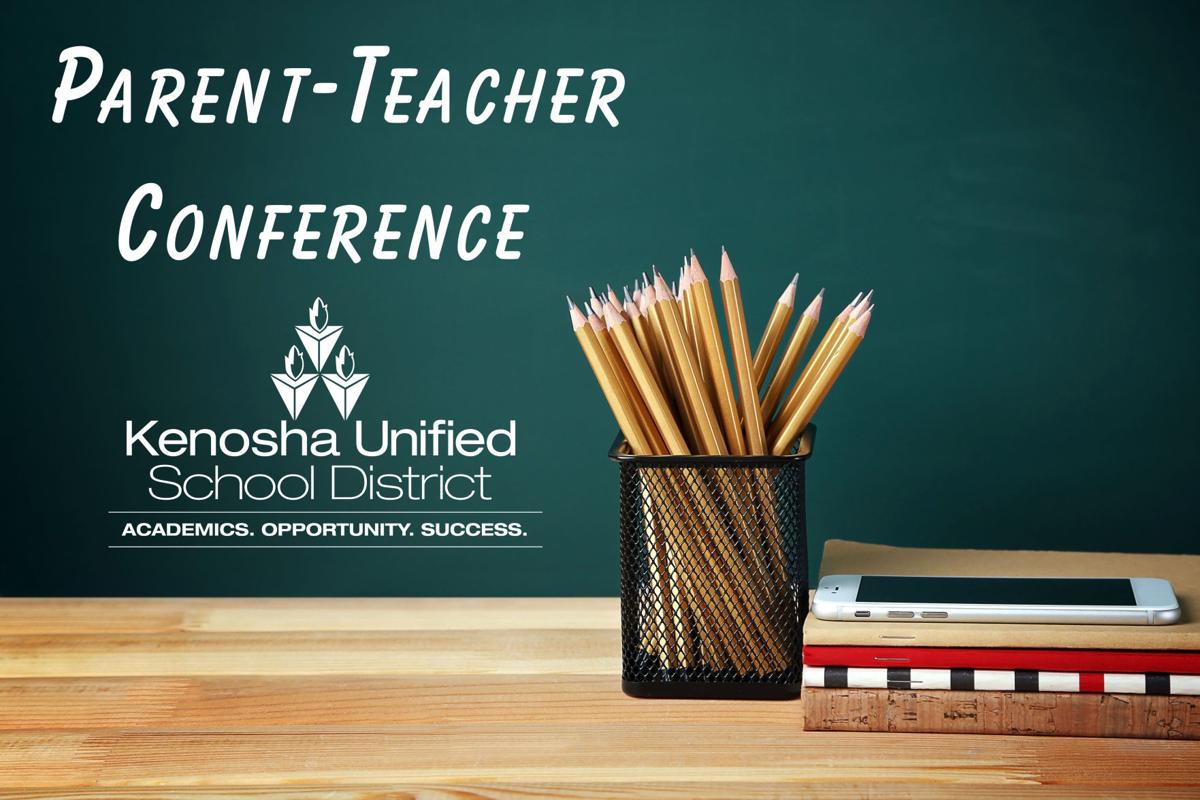 Stationary and smartphone on wooden table. Text PARENT-TEACHER CONFERENCE on chalkboard background. School concept.